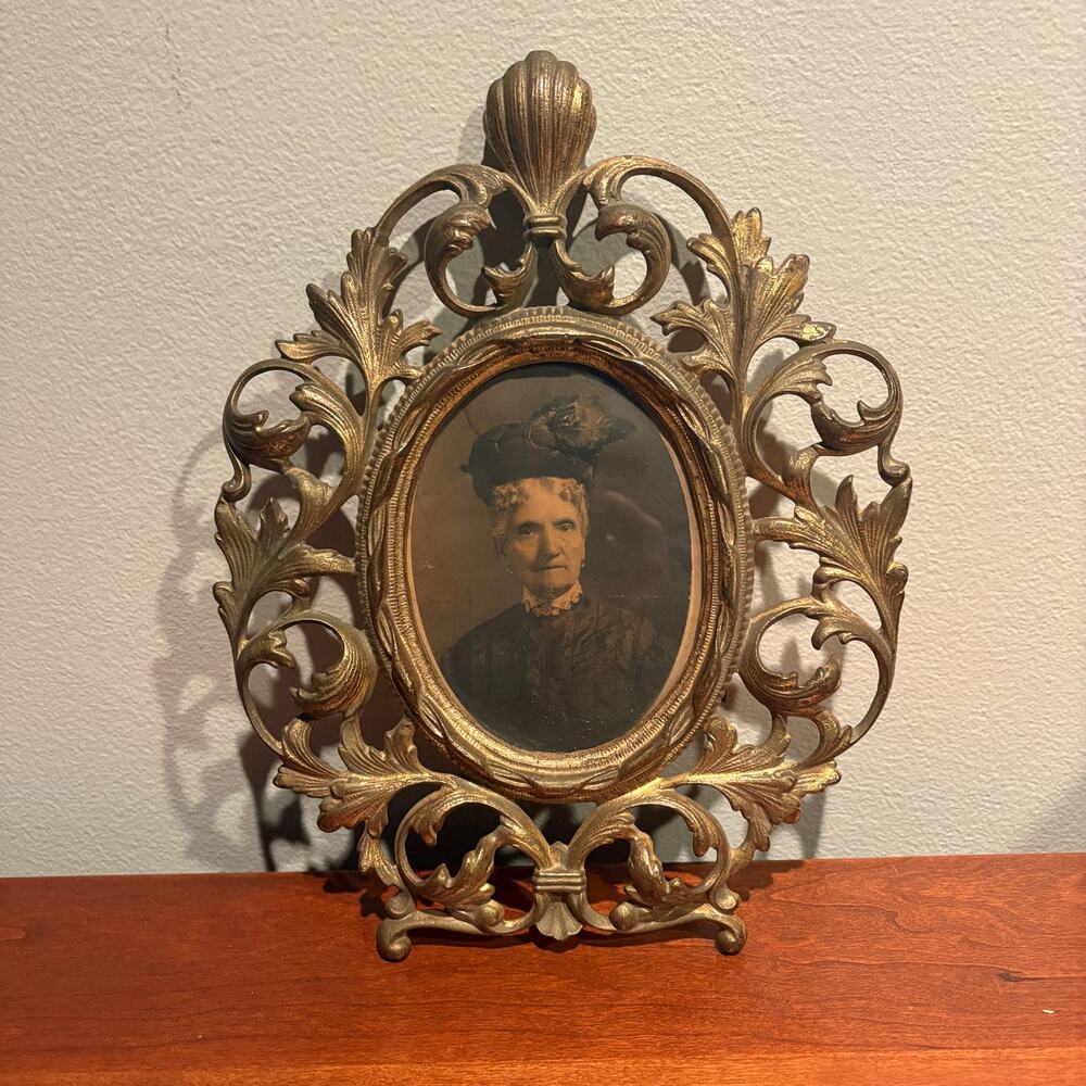 Antique Victorian Style Ornate Gold Cast Metal Picture Frame Woman Portrait